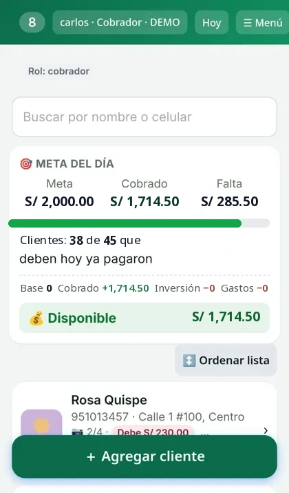 Pantalla del cobrador en Creditazo con datos de demostración